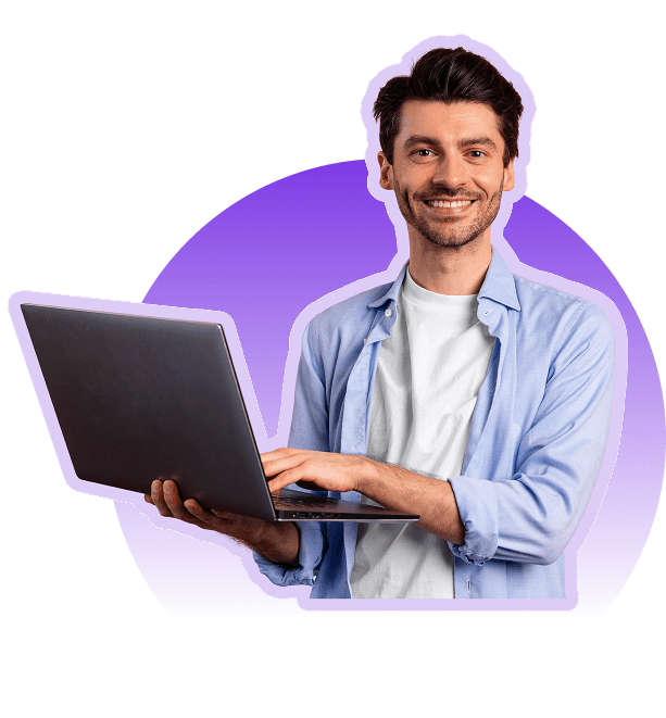 model with laptop